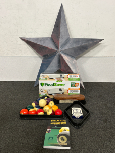 BRAND NEW FOODSAVER IN THE BOX (NO BAGS), BILLIARDS BALL SET WITH TRIANGLE AND 9 BALL, CHALK, TABLE BRUSH, BILLARDS RULE BOOK AND A LARGE METAL STAR