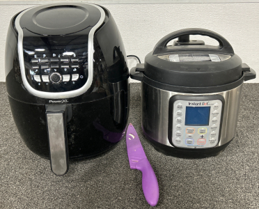 3 QUART INSTANT POT (LIKE NEW-WORKS), 5 QUART POWER XL VORTEX AIR FRYER PLUS (WORKS-NEEDS CLEANED) AND A CHEFS KNIFE WITH SLEEVE