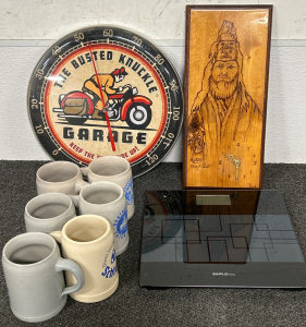 SIMPLE TASTE DIGITAL SCALE (WORKS/400 LB MAX), WALL CLOCK WITH ALASKAN PYROGRAPHY (WORKS), “THE BUSTED KNUCKLE” OUTDOOR THERMOMETER AND GERMAN BEER MUGS (6)