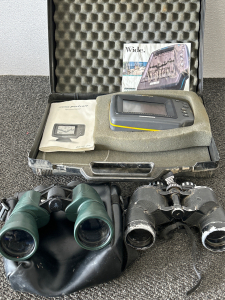HUMMINGBIRD WIDE PORTRAIT FISH FINDER WITH INSTRUCTIONS AND CASE (NO CORDS TO TEST, CASE DOESN&rsquo;T LATCH), SUNSCOPE 8x40 EXTRA WIDE FIELD 10 DEGREE BINOCULARS WITH NECK STRAP AND GORDON 10x50 FIELD 6 DEGREE 105M/1000M BINOCULARS WITH SHOULDER STRAP CASE