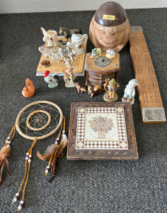 VINTAGE HUMMEL GOEBEL “BOY ON APPLE TREE” CERAMIC FIGURINE, VARIETY OF KNICK KNACKS, DREAM CATCHER (6.25” DIAMETER), COCONUT HEAD COIN BANK AND MORE!