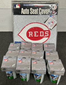 4 MLB REDS CAPTAIN CAR SEAT COVERS AND 12 3-PACKS NFL COLTS SIP & GO TOSS-AWAY CUPS