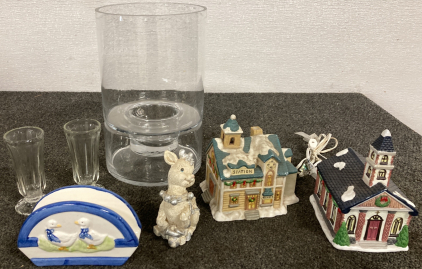 HOME DECOR - 3 VASES AND CERAMIC VILLAGE COLLECTIBLES