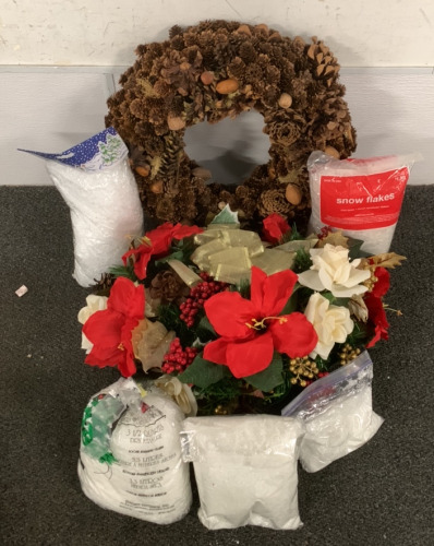 PINE CONE WREATH, CHRISTMAS FLOWER DISPLAY AND (5) PACKS OF FAKE SNOW