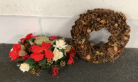 PINE CONE WREATH, CHRISTMAS FLOWER DISPLAY AND (5) PACKS OF FAKE SNOW - 2