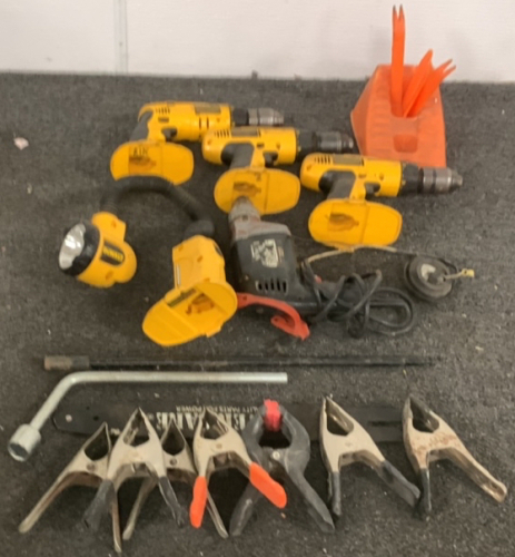 (3) DEWALT DW997 VSR CORDLESS ADJUSTABLE CLUTCH HAMMERDRILLS (UNABLE TO TEST), DEWALT RECHARGEABLE LIGHT (UNABLE TO TEST), (5) FASTENING CLAMPS, AND MORE