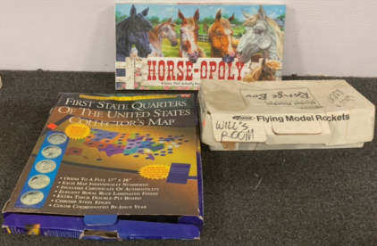 ESTES MODEL ROCKET OPERATIONS RANGE BOX, LIMITED EDITION FIRST STATE OF QUARTERS OF THE UNITED STATES COLLECTOR’S MAP, HORSE-OPOLY