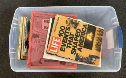 TUB OF BOOKS INCLUDING ULTIMATE DOT TO DOT ANIMALS, LIFE MAGAZINES &ldquo;THE 100 EVENTS THAT SHAPED AMERICA&rdquo;, 1000 CHOCOLATE BAKING AND DESSERT RECIPES AND MORE