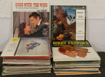 BOX OF VINYL RECORDS INCLUDING THE AUTHENTIC ORIGINAL SCORE RECORDING OF GONE WITH THE WIND, WALT DISNEY’S MARY POPPINS ORIGINAL CAST SOUND TRACK, BACH CANTATA NO.80, AND MORE