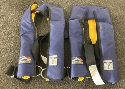 TWO ADULT WORLD CLASS SUSPENDERS HIGH PERFORMANCE INFLATABLE LIFE JACKETS WITH REPLACEABLE 38 GRAM CO2 CARTRIDGE WIH 3/8&rdquo; THREADS