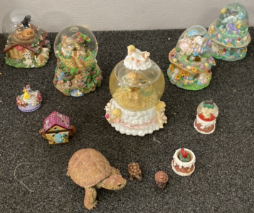 SIX SNOWGLOBES, THREE TORTOISES, SMALL BIRD HOUSE, AND MORE