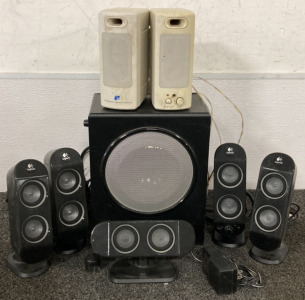 SIX PIECE LOGITECH SPEAKER SYSTEM, TWO WHITE MULTIMEDIA SPEAKERS