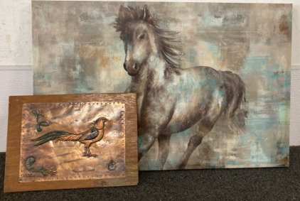 HORSE PAINTING PRINT ON CANVAS AND PHEASANT METAL AND WOOD ART PIECE