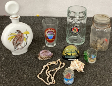SEA SHELLS, TWO SNOW GLOBES, BIG GLASS PAULANER MUG, SEALED GLASS JAR, GLASS MIRROR POND CUP, FIELD BIRDS BY A SINGER GLASS
