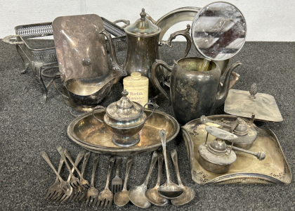 ANTIQUE SILVERWARE, MIRROR, NORFOLK LAVENDER, AND INCOMPLETE TEA SET AND MORE