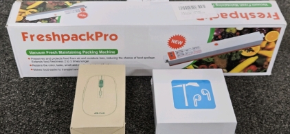 UNUSED VACUUM SEALER, NEW WIRELESS EARBUDS W/ CHARGING CASE, NEW WIRELESS COMPUTER MOUSE