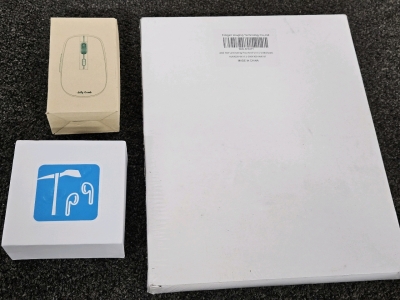 NEW WIRELESS EARBUDS W/ CHARGING CASE, NEW WIRELESS COMPUTER MOUSE, (500) NEW 4mil HOT LAMINATING POUCHES