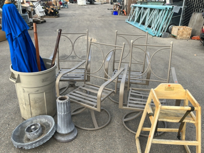 (4) GREY SWIVEL PATIO CHAIRS, (2) BIG BLUE UMBRELLAS, BIRD BATH AND MORE