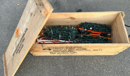 OUTDOOR CHRISMAS LIGHTS, CANDY CANES AND WOODEN CRATE BOX W/ LID