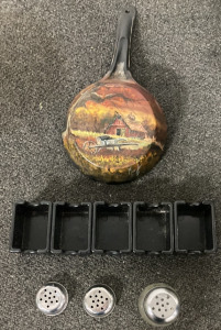 PAINTED PAN, FIVE SUGAR HOLDERS, GLASS SUGAR JAR