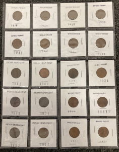 (20) WHEAT PENNIES AND INDIAN HEAD CENTS FROM YEARS 1882-1958