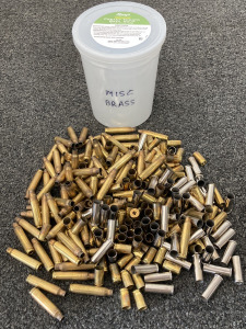 CONTAINER OF MIXED BRASS AND STEEL SPENT SHELLCASES INCLUDING .223, .38 SPL & 9MM LUGER