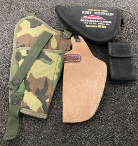 LEFT AND RIGHT HANDED GUN HOLSTERS, SMALL GUN CASE AND SMALL CASE