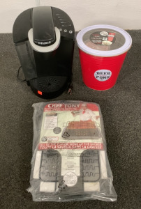 KEURIG EXPRESSO MAKER (POWERS ON), THE ULTIMATE BEER PONG KIT, CHEF TONY HEALTHY COOKING BACON PAN