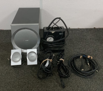LARGE BOSE SPEAKER WITH CORDS (POWERS ON), (2) SMALL BOSE SPEAKERS, SLIME BRAND COMPRESSOR