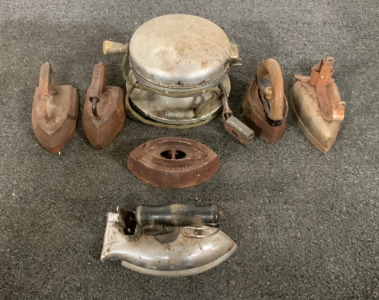 ANTIQUE WAFFLE IRON, SAD IRONS AND MORE