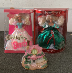 HAPPY HOLIDAY SPECIAL EDITION BARBIE, BIRTHDAY PARTY BARBIE, AND CERAMIC CORTAGE CLOCK DISPLAY