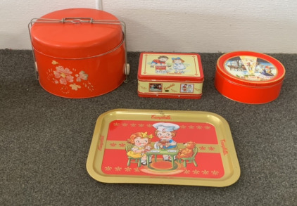 CAMPBELLS VINATGE LUNCHBOX AND METAL TRAY WITH COLLIN STREET BAKERY TIN, AND AN ANTIQUE ROUND CAKE CARRIER