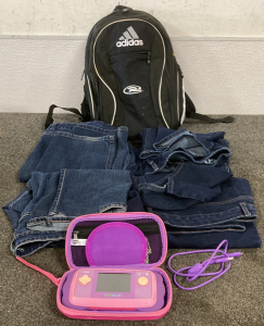 BACKPACK, 4 PAIRS OF PANTS (SIZE 22-24), AND MOBIGO KIDS GAME