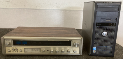 VINTAGE FISHER STEREO RECEIVER (POWERS ON) AND DELL COMPUTER TOWER
