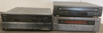 PHILIPS 5-CD CHANGER, JVC SURROUND SYSTEM, AND ONKYO RECEIVER - ALL POWER ON