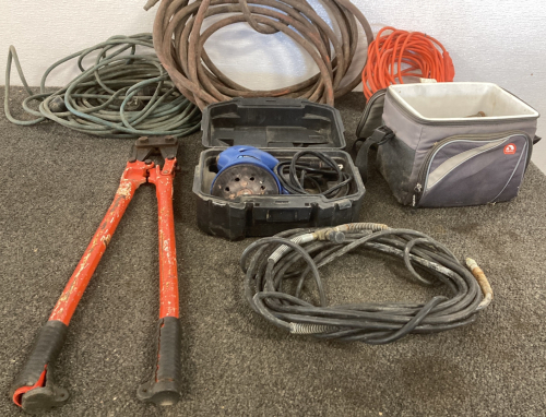 SANDER WITH CASE, 6” BOLTS, AIR HOSE, BOLT CUTTERS, AND MORE