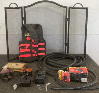 FIREPLACE GUARD, CIGAR BOX, RUBBER HOSES, AND MORE