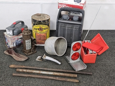 6TON BOTTLE JACK, EMERGENCY REFLECTOR SET & LIGHT W/ TOOLS, WORKING SPACE HEATER, MORE
