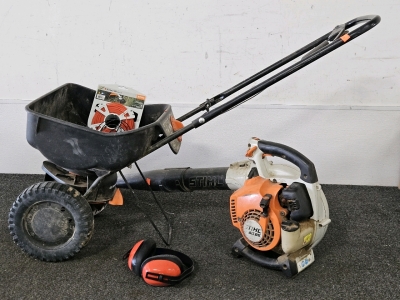 STIHL LEAF BLOWER (HAS COMPRESSION), NOISE CANCELATION MUFFS, SPREADER, TRIMMER LINE