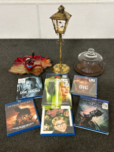 (7) DVD MOVIES, FISHING REEL, DECORATIVE GLASS LEAF TRAY, AND MORE