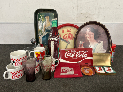 COCA- COLA MEMORIBILIA: MUGS, CLOCK, TRAYS, PLAYING CARDS, THERMOMETER AND MORE