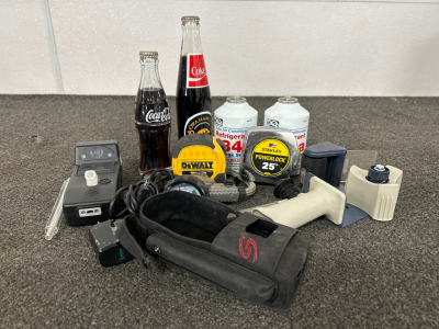 (2) CANS OF REFRIGERANT, TAPE MEASURERS, VINTAGE UNOPENED COCA COLA BOTTLES AND MORE