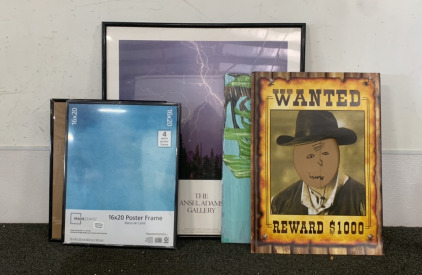 (2) (16X20) POSTER FRAMES, (1) WANTED POSTER, (1) HAND PAINTED CANVAS, AND (1) FRAMED POSTER FROM THE ANSEL ADAMS GALLERY