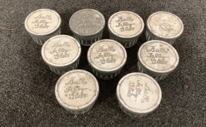(9) BALL JELLY GLASS JARS, (2) KERR JELLY GLASS JARS