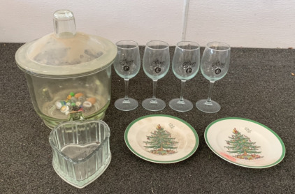 (4) WINE GLASS, (2) CERAMIC CHRISTMAS PLATES, (2) GLASS HEART SHAPED CONTAINER, (2) LARGE GLASS COOKIE JAR