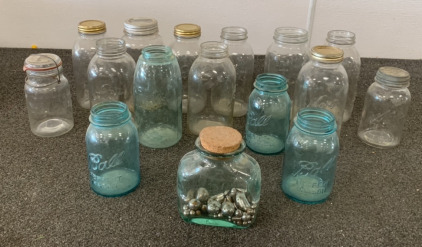 (11) CLEAR GLASS JARS, (5) BLUR GLASS JARS