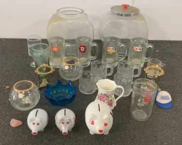 (4) A&W GLASS MUGS, (1) COCA-COLA GLASS CUP, (4) GLASS MCDONALDS BATMAN MUGS, AND MORE