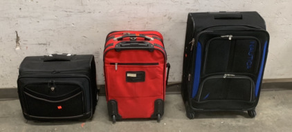 (1) RED TRAVELERS CLUB SUITCASE, (1) OLYMPIA BLACK SUITCASE, NAUTICA BLUE AND BLACK SUITCASE