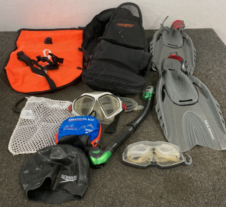 U.S. DIVERS SET - GOGGLES, SNORKEL, FINS (SIZE 9-13) SWIM CAP, AND MORE