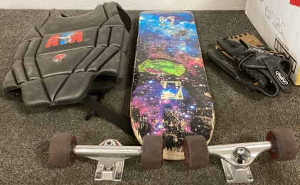 SKATE DECK WITH TRUCKS AND WHEELS, BASEBALL MITT, ATA CHEST PAD